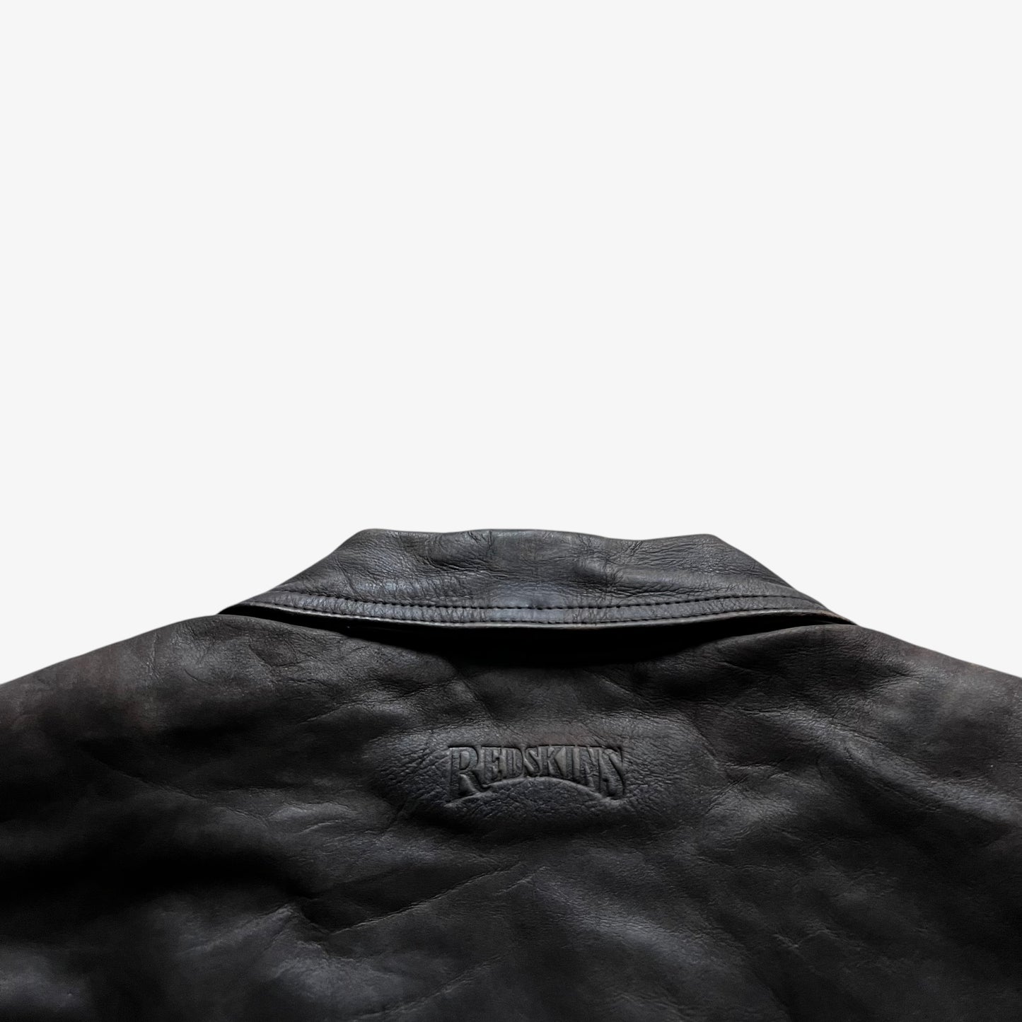 Vintage 90s Mens Redskins Faded Dark Brown Leather Pilot Jacket Back Collar - Casspios Dream