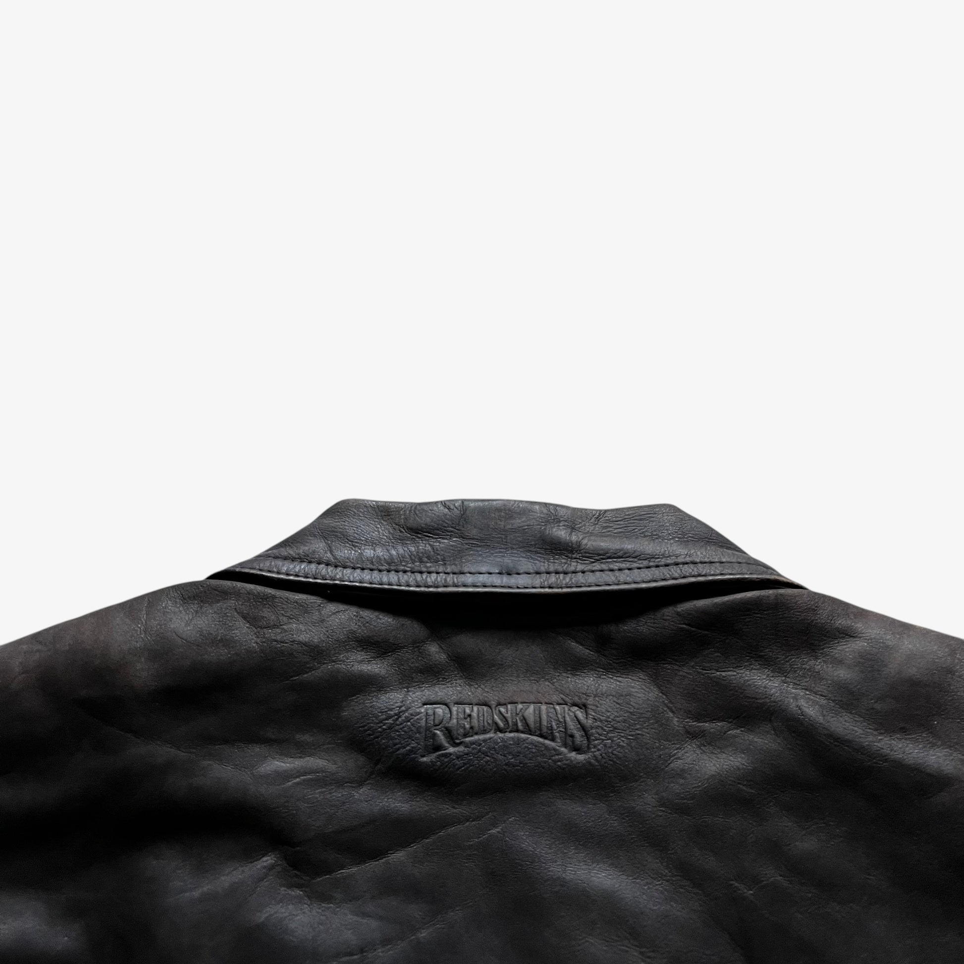 Vintage 90s Mens Redskins Faded Dark Brown Leather Pilot Jacket Back Collar - Casspios Dream