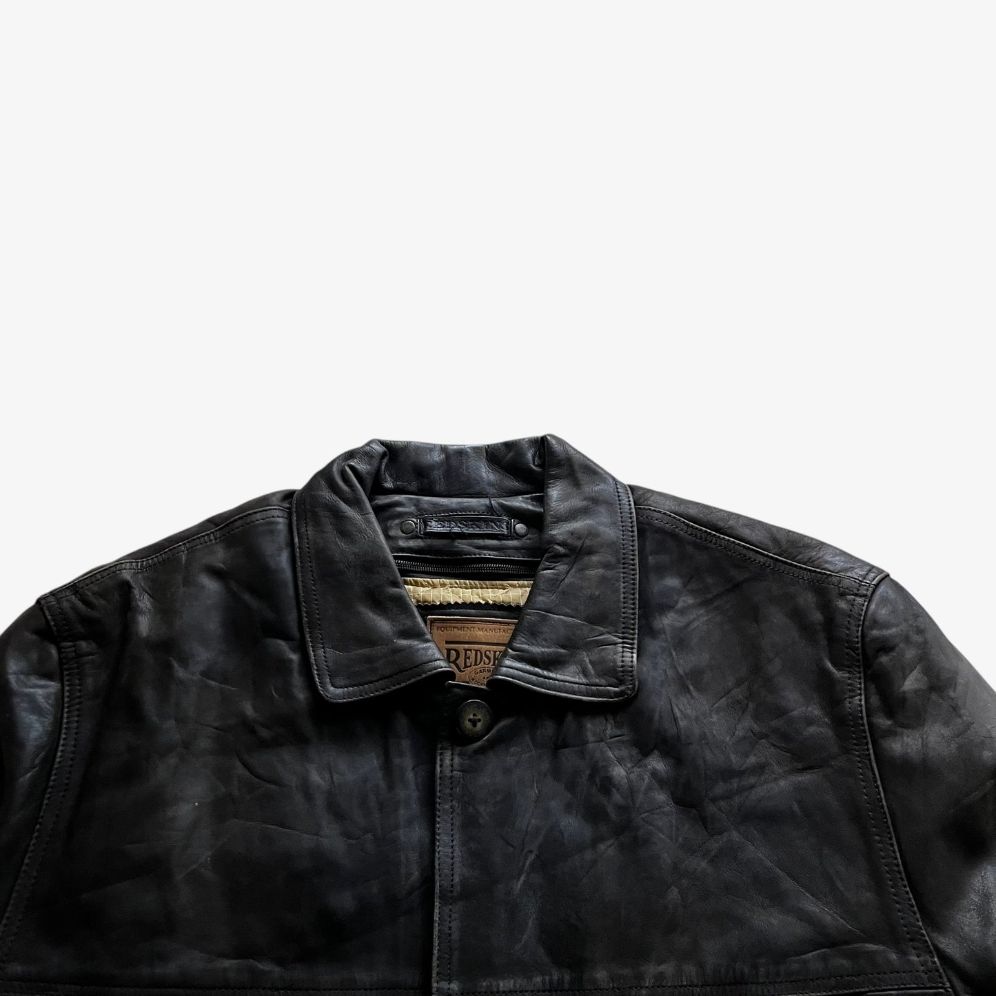 Vintage 90s Mens Redskins Faded Dark Brown Leather Pilot Jacket Collar - Casspios Dream