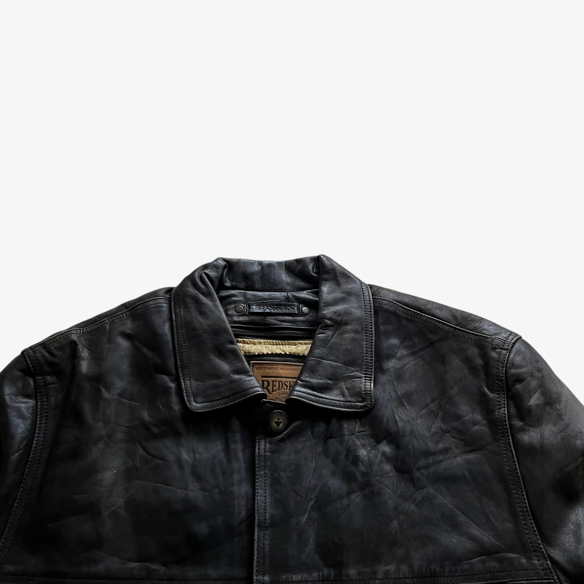 Vintage 90s Mens Redskins Faded Dark Brown Leather Pilot Jacket Collar - Casspios Dream