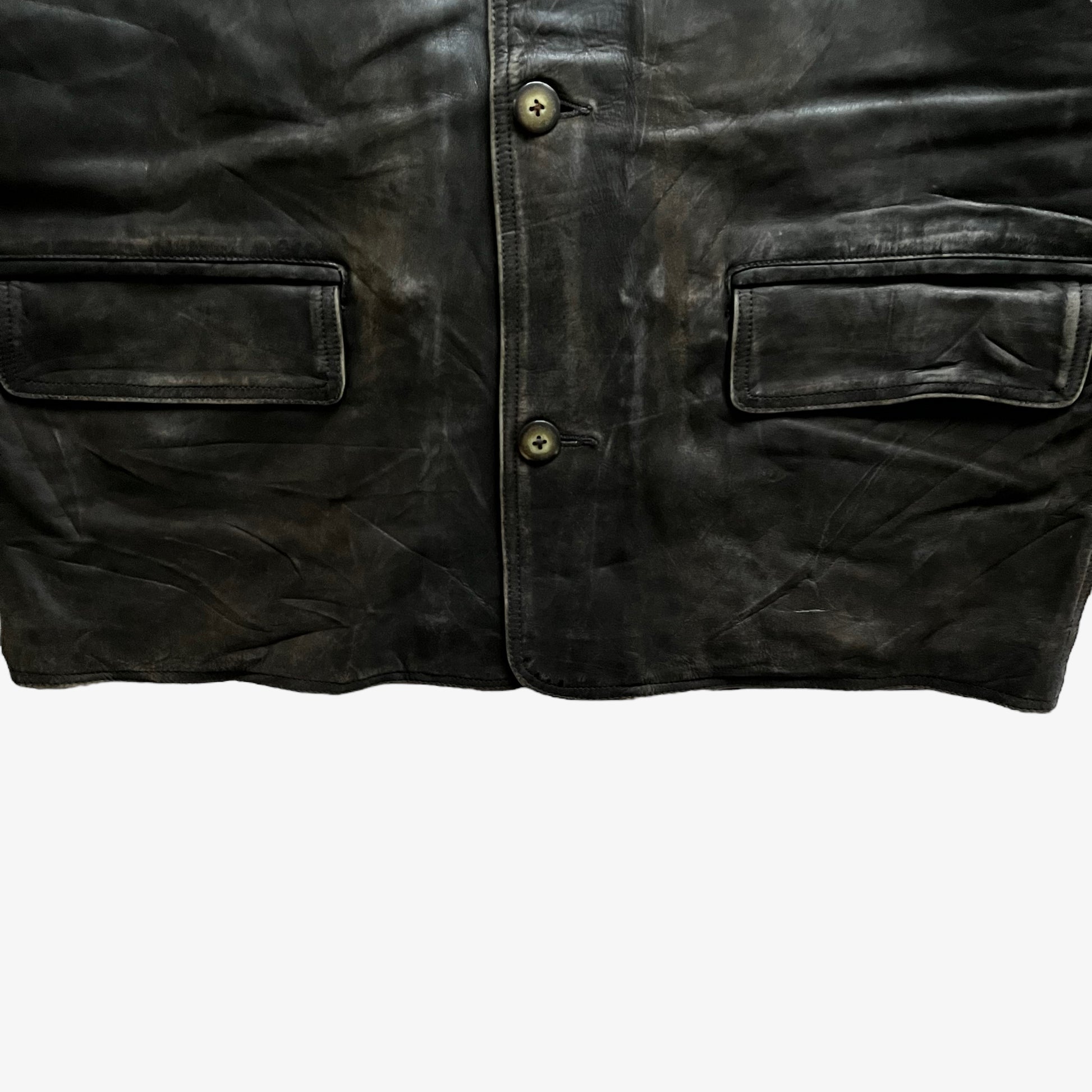 Vintage 90s Mens Redskins Faded Dark Brown Leather Pilot Jacket Hem - Casspios Dream