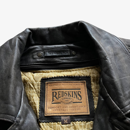 Vintage 90s Mens Redskins Faded Dark Brown Leather Pilot Jacket Label - Casspios Dream