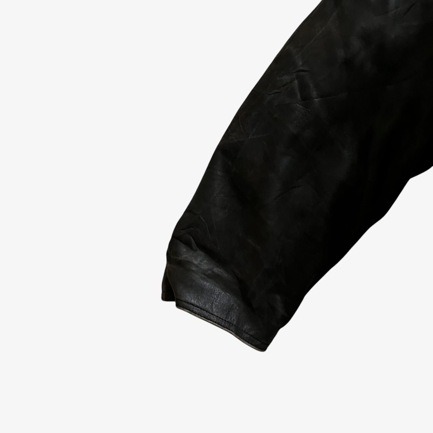 Vintage 90s Mens Redskins Faded Dark Brown Leather Pilot Jacket Sleeve - Casspios Dream