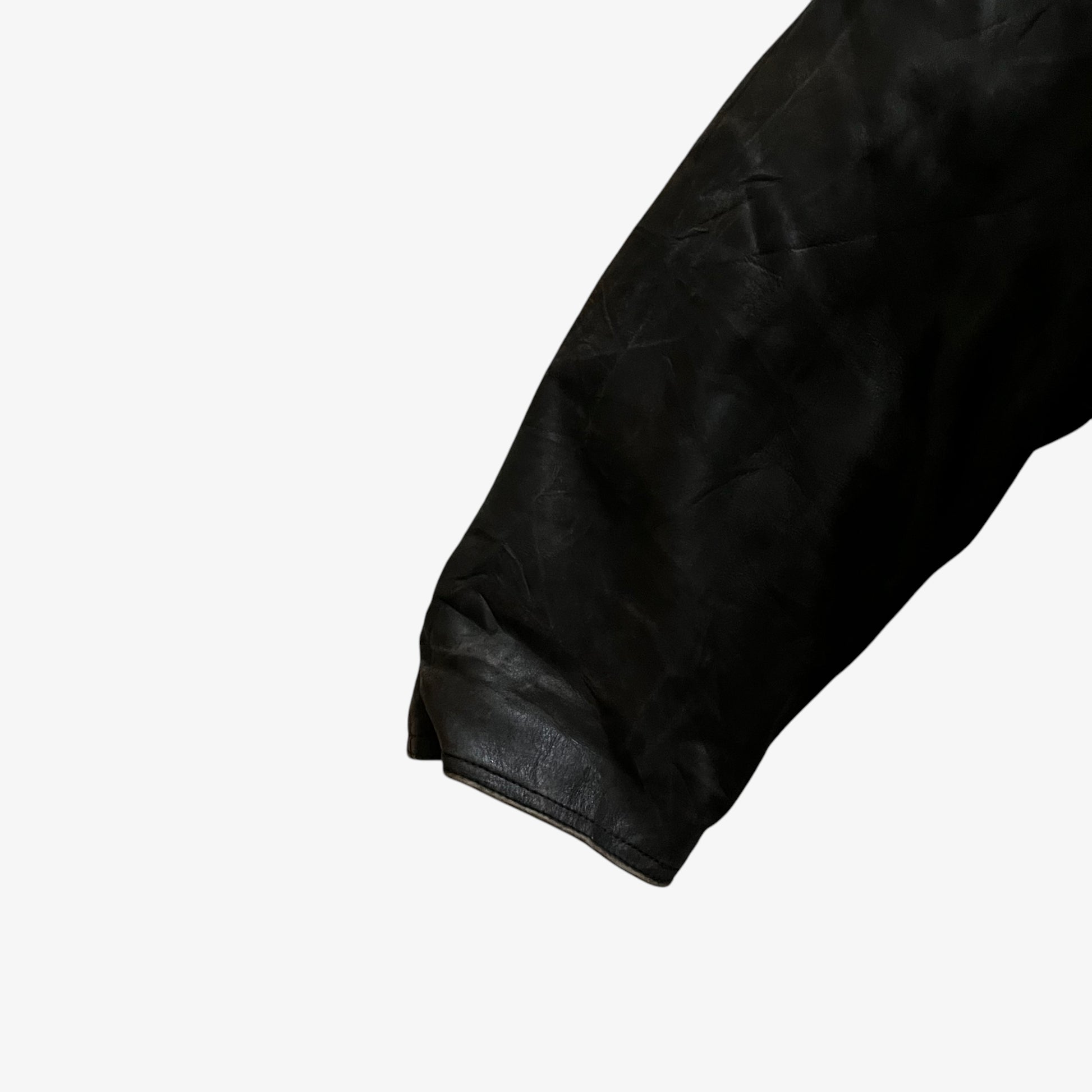 Vintage 90s Mens Redskins Faded Dark Brown Leather Pilot Jacket Sleeve - Casspios Dream