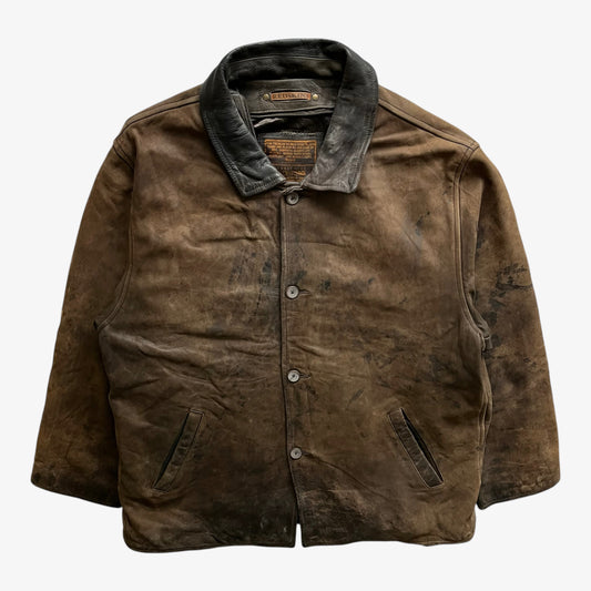 Vintage 90s Mens Redskins Territoire Brown Leather Jacket With Contrasting Collar - Casspios Dream