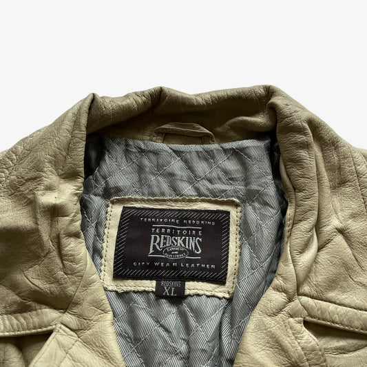 Vintage 90s Mens Redskins Territoire City Wear Cream Leather Jacket Label - Casspios Dream