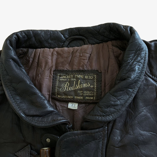 Vintage 90s Mens Redskins Type B32 Black Leather Pilot Jacket With Toggle Fasteners Label - Casspios Dream