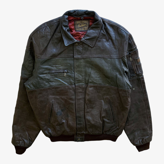 Vintage 90s Mens Redskins Type B32 Dark Brown Leather Pilot Jacket With Green Leather Stripe - Casspios Dream