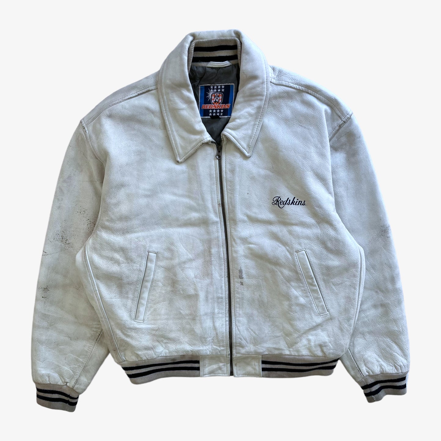 Vintage 90s Mens Redskins White Leather Varsity Jacket - Casspios Dream