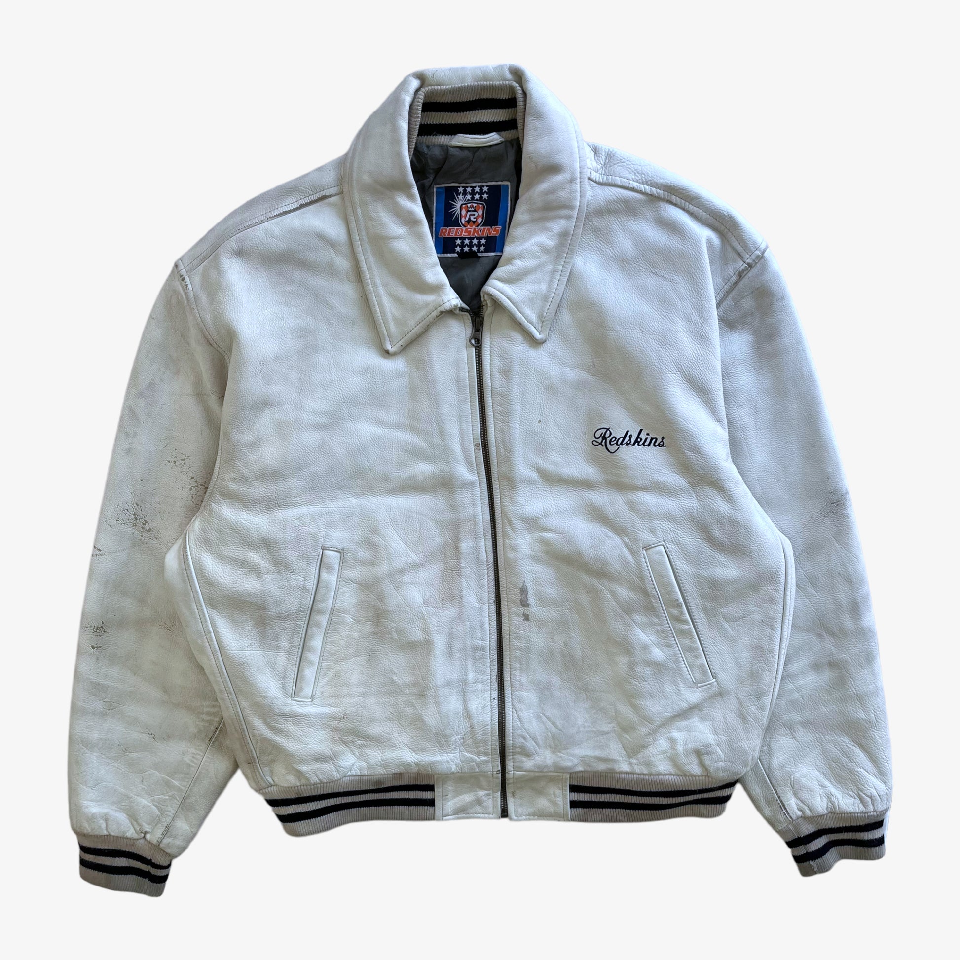 Vintage 90s Mens Redskins White Leather Varsity Jacket - Casspios Dream