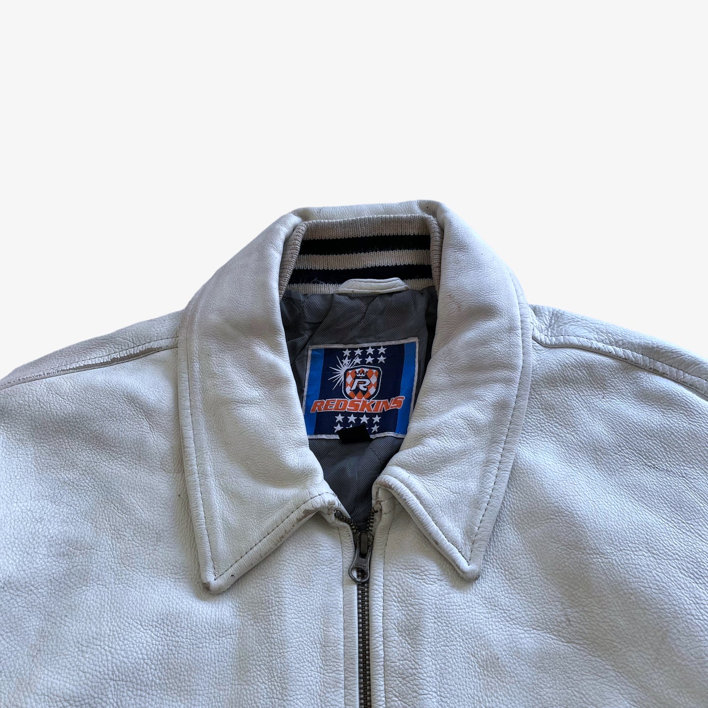 Vintage 90s Mens Redskins White Leather Varsity Jacket Label - Casspios Dream