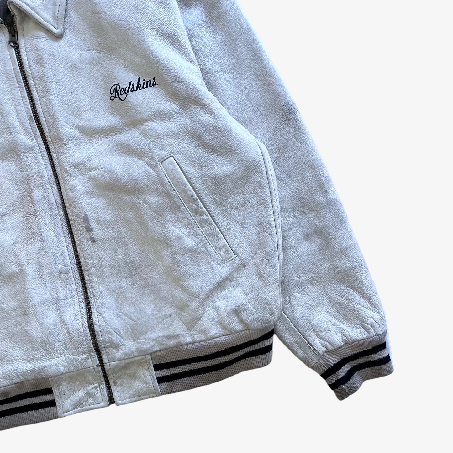 Vintage 90s Mens Redskins White Leather Varsity Jacket Pocket - Casspios Dream