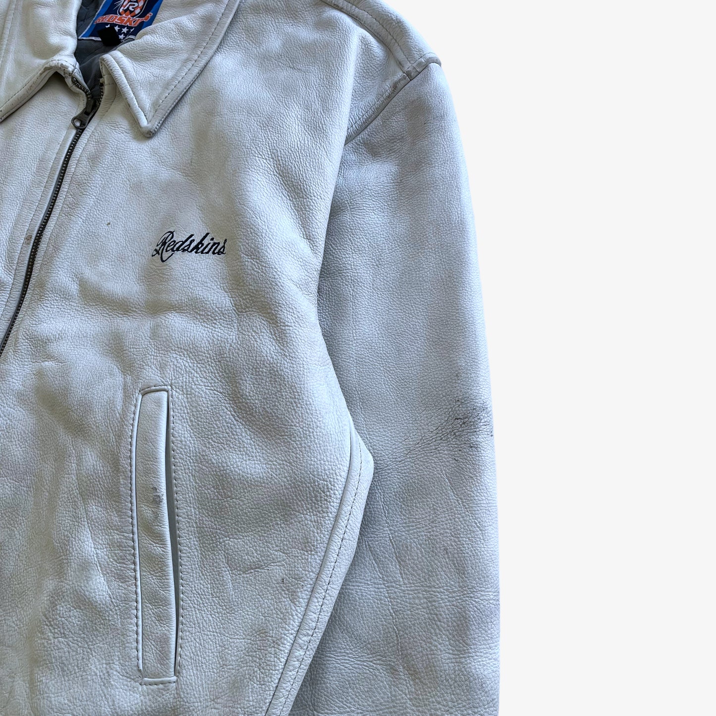 Vintage 90s Mens Redskins White Leather Varsity Jacket Wear - Casspios Dream