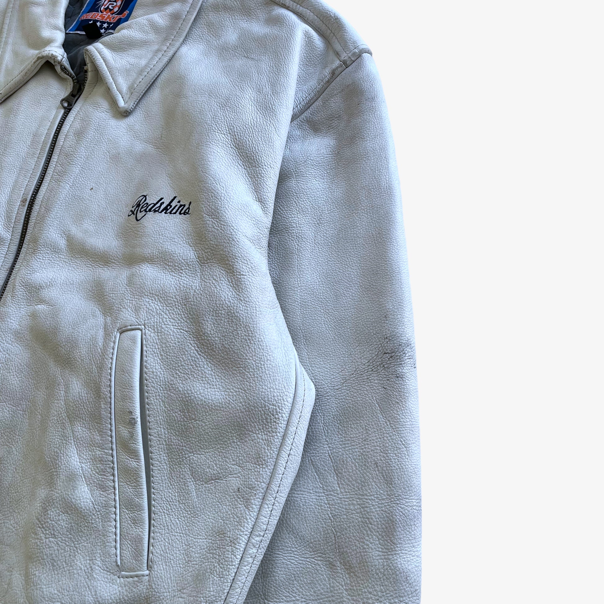 Vintage 90s Mens Redskins White Leather Varsity Jacket Wear - Casspios Dream
