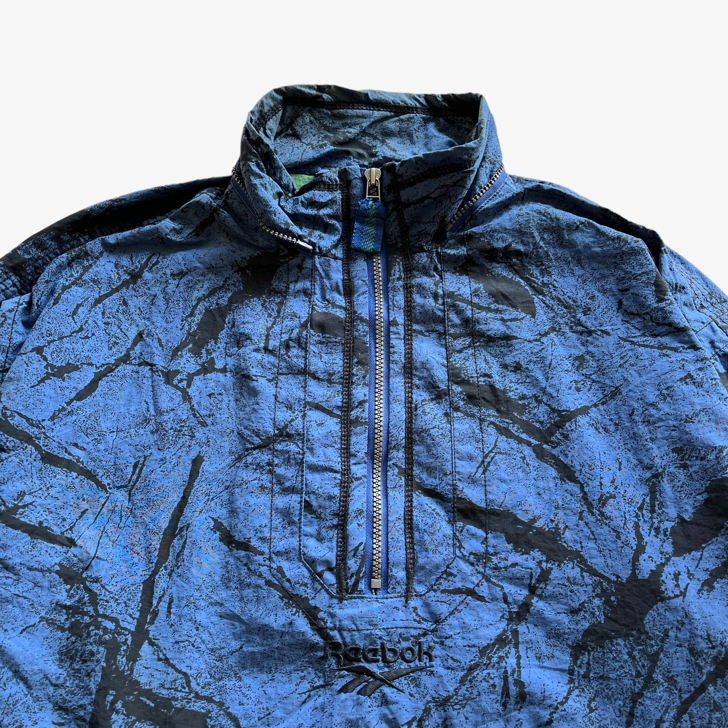 Vintage 90s Mens Reebok Blue Quarter Zip Pullover With Back Abstract Graphic Print Spell Out - Casspios Dream