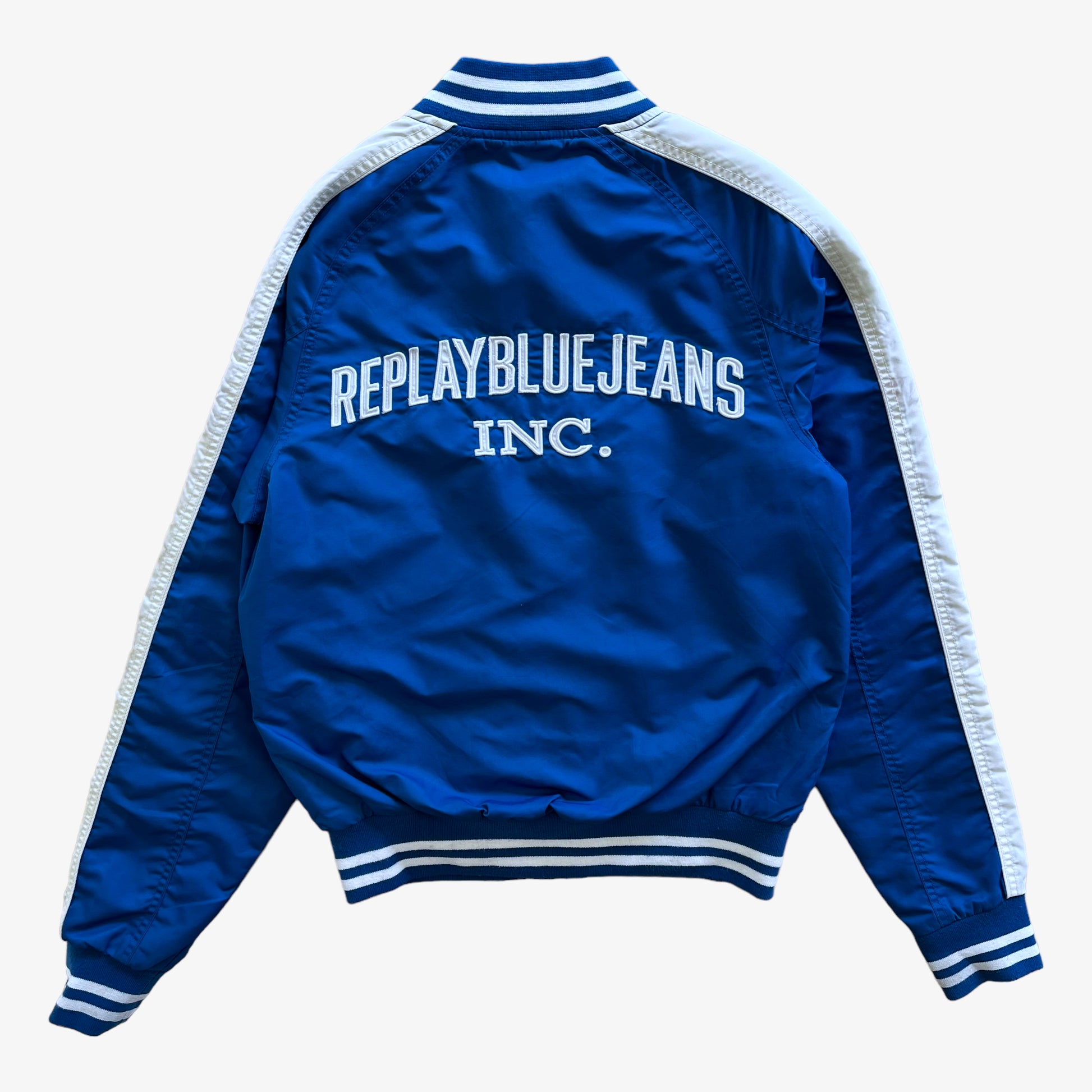 Vintage 90s Mens Replay Blue Jeans Inc Bomber Jacket With Back Spell Out Back - Casspios Dream