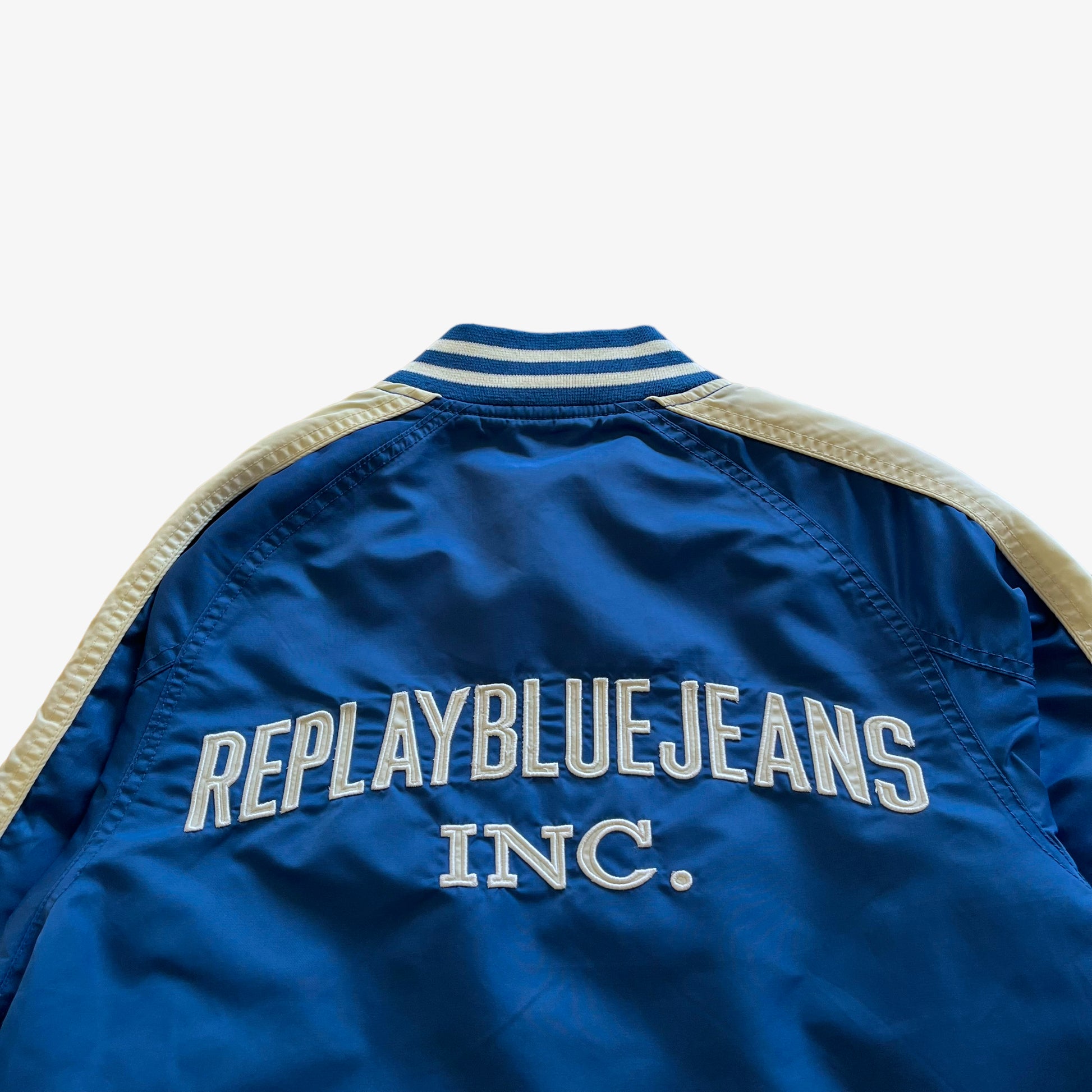 Vintage 90s Mens Replay Blue Jeans Inc Bomber Jacket With Back Spell Out Embroidered - Casspios Dream
