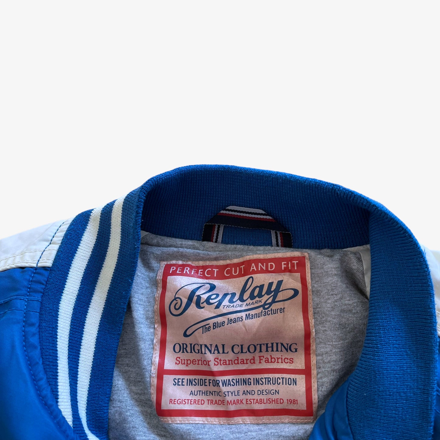 Vintage 90s Mens Replay Blue Jeans Inc Bomber Jacket With Back Spell Out Label - Casspios Dream