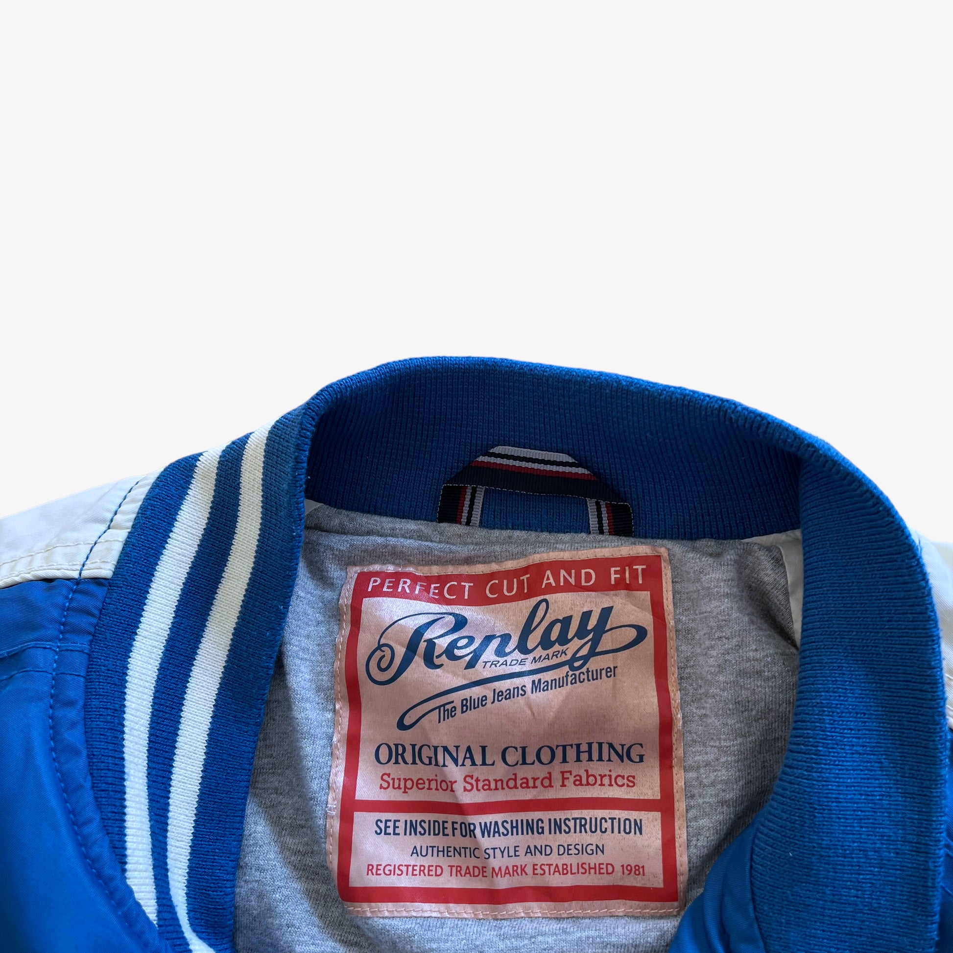 Vintage 90s Mens Replay Blue Jeans Inc Bomber Jacket With Back Spell Out Label - Casspios Dream