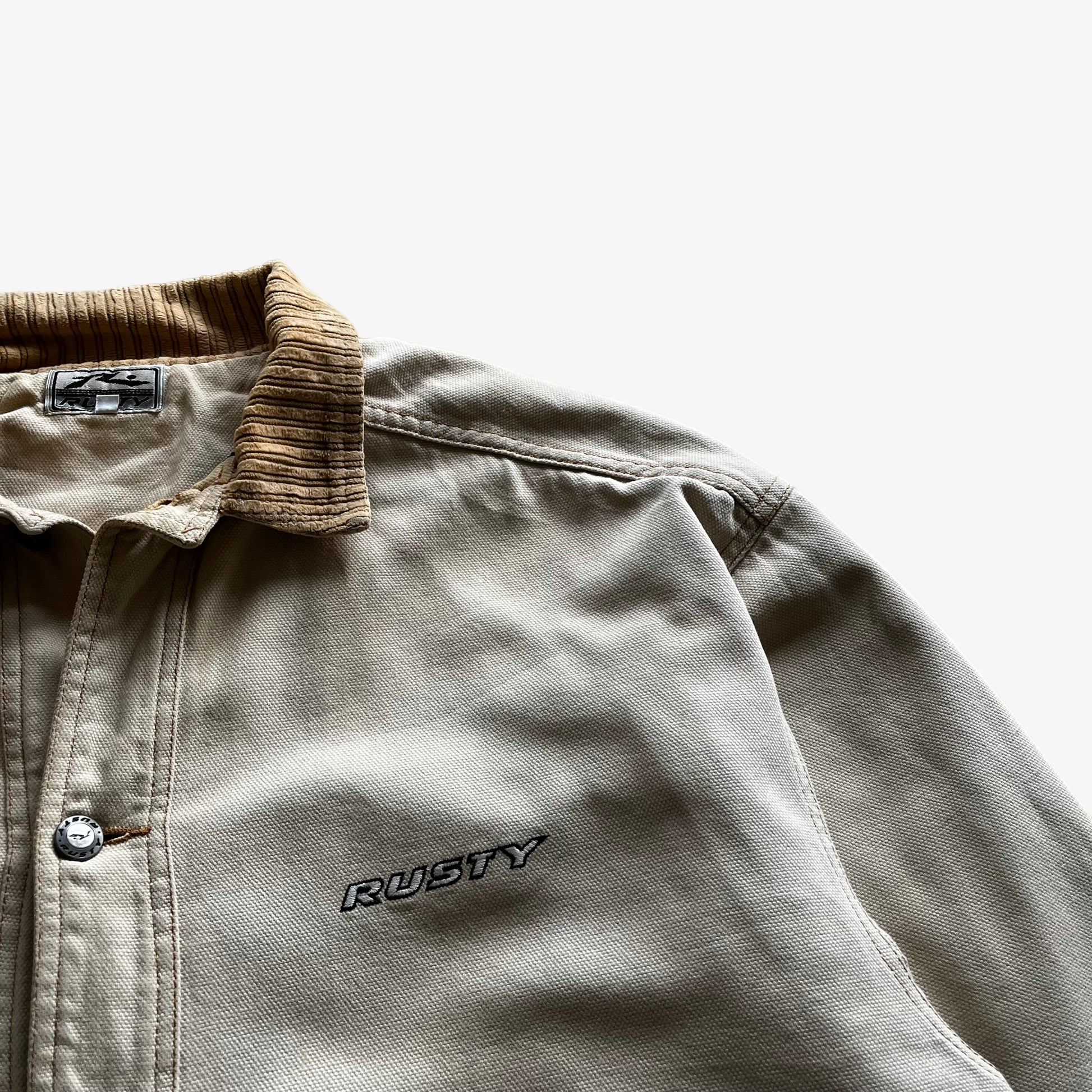 Vintage 90s Mens Rusty Workwear Jacket With Corduroy Collar Logo - Casspios Dream