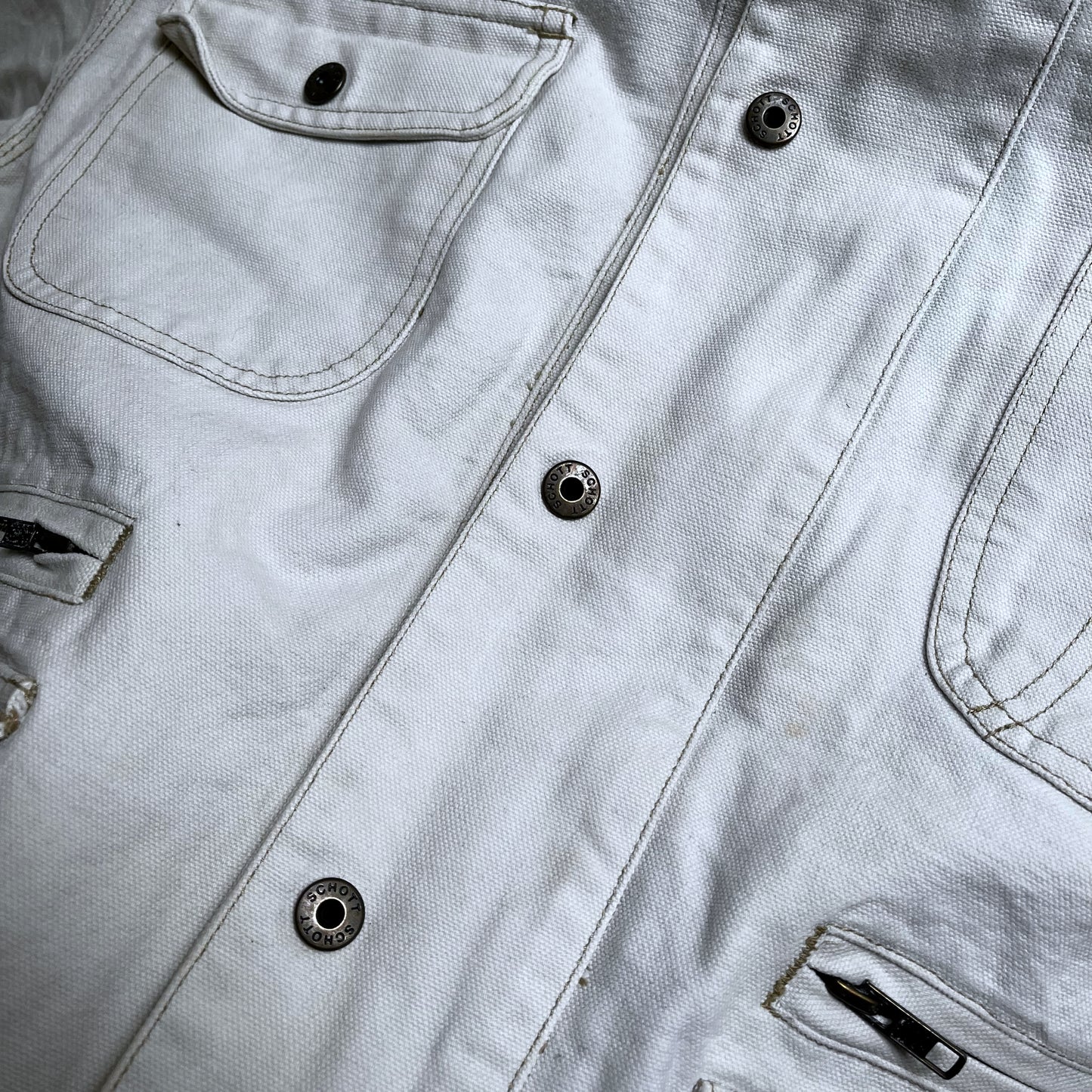 Vintage 90s Mens Schott NYC White Denim Utility Jacket Button - Casspios Dream