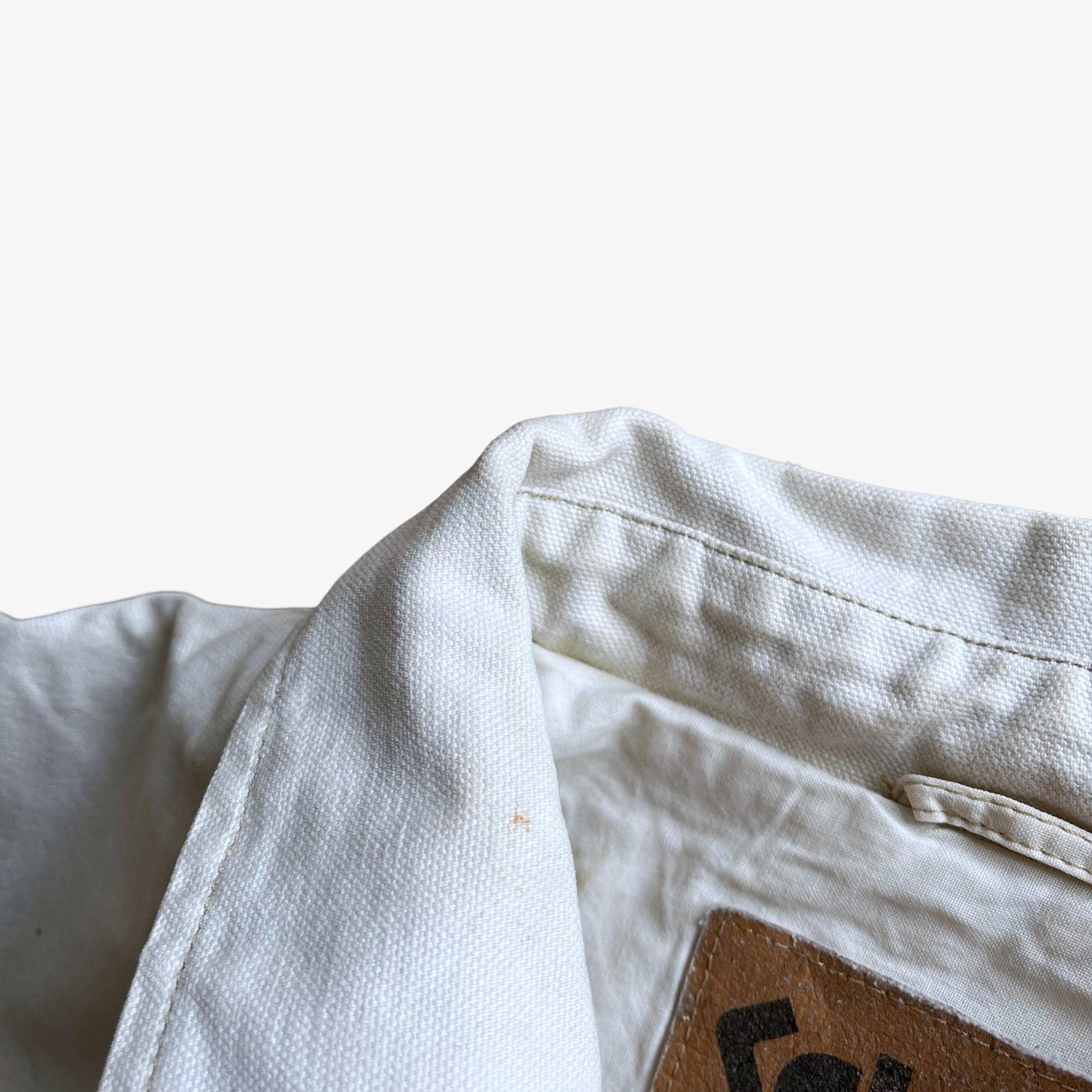 Vintage 90s Mens Schott NYC White Denim Utility Jacket Collar Wear - Casspios Dream