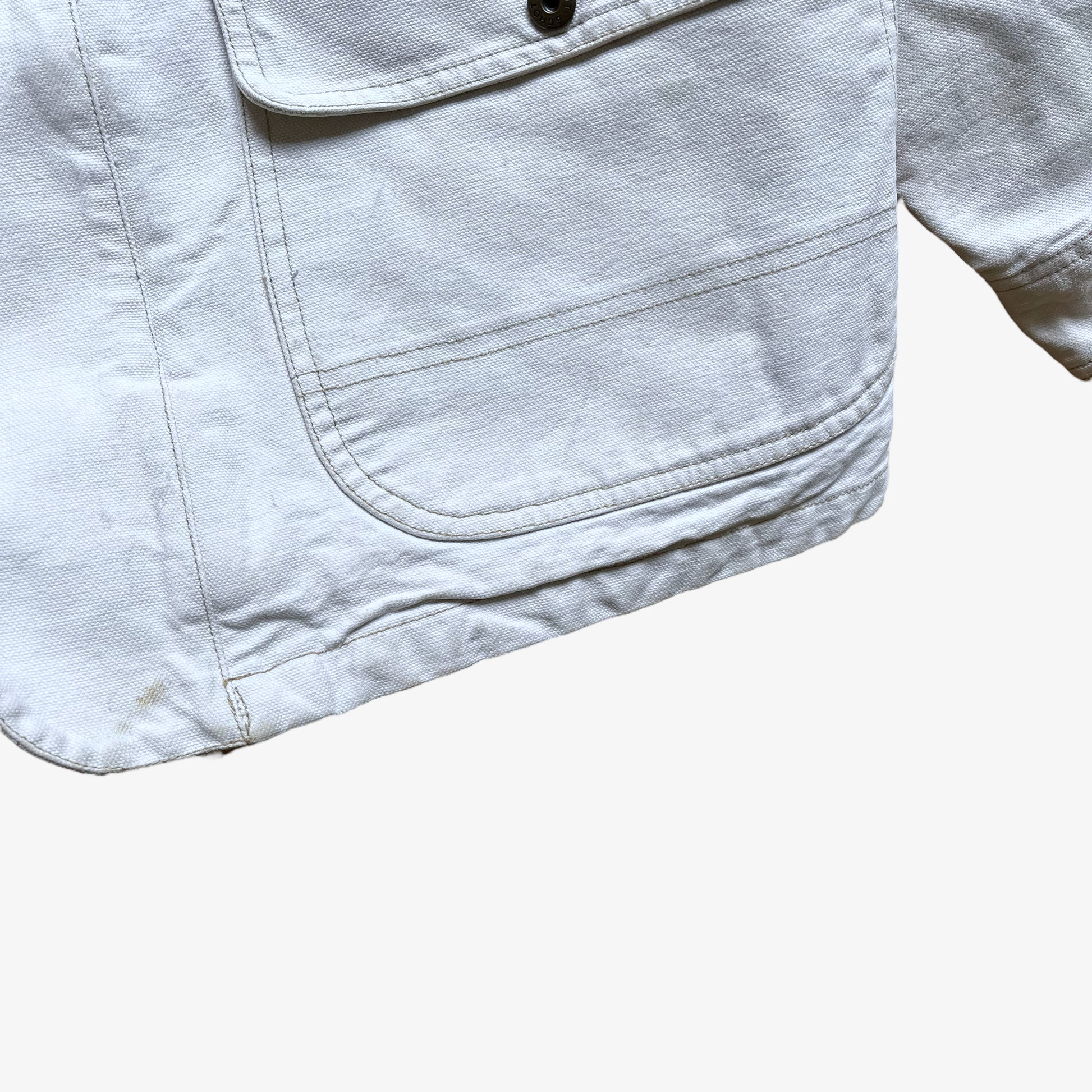 Vintage 90s Mens Schott NYC White Denim Utility Jacket Hem - Casspios Dream