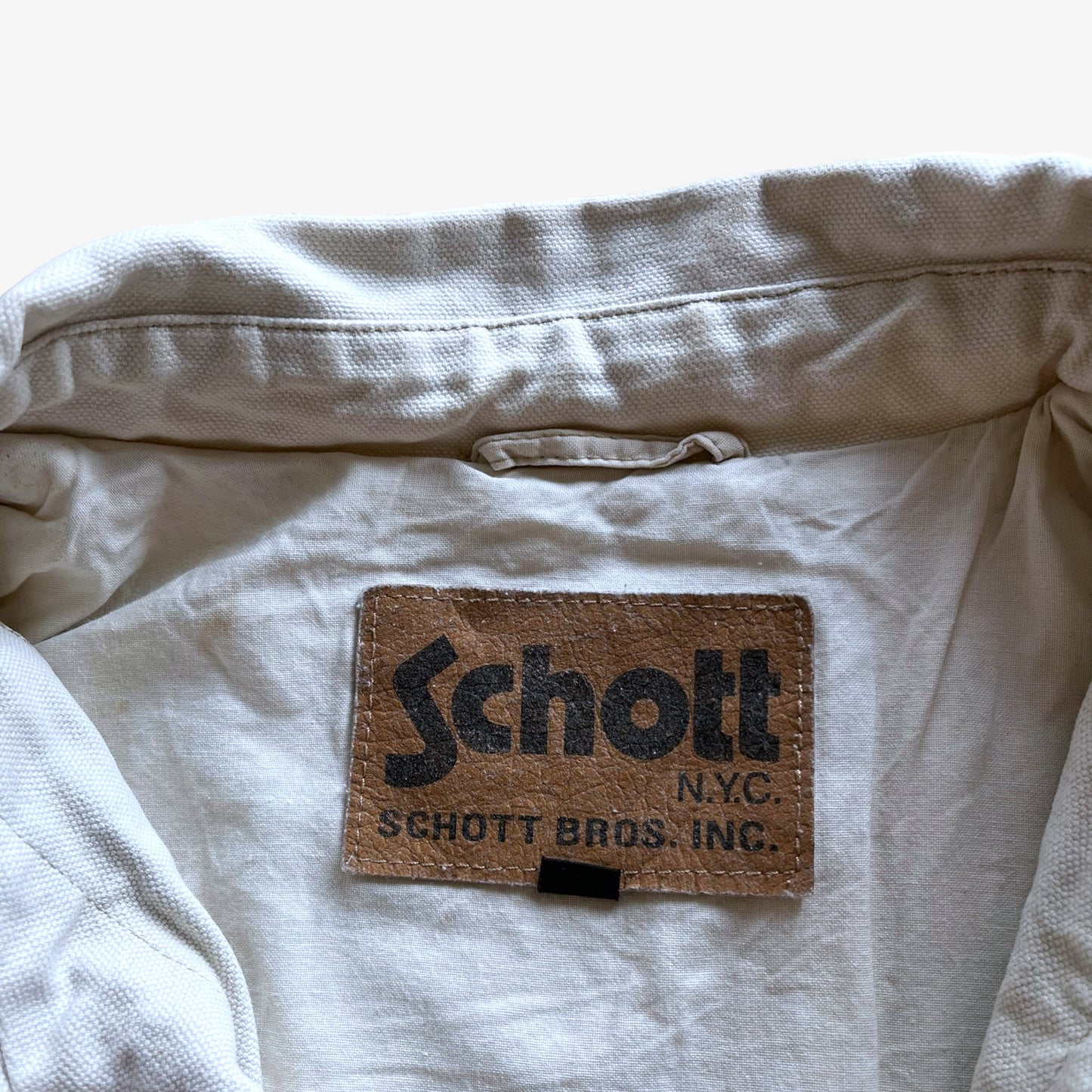 Vintage 90s Mens Schott NYC White Denim Utility Jacket Label - Casspios Dream