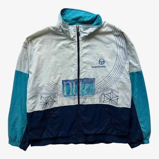 Vintage 90s Mens Sergio Tacchini Abstract Print Blue And White Track Jacket - Casspios Dream