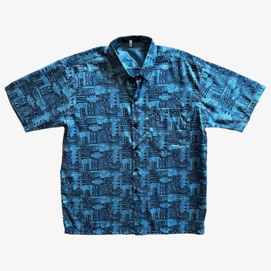 Vintage 90s Mens Siew Chang Huat Abstract Egyptian Print Short Sleeve Blue Silk Shirt - Casspios Dream