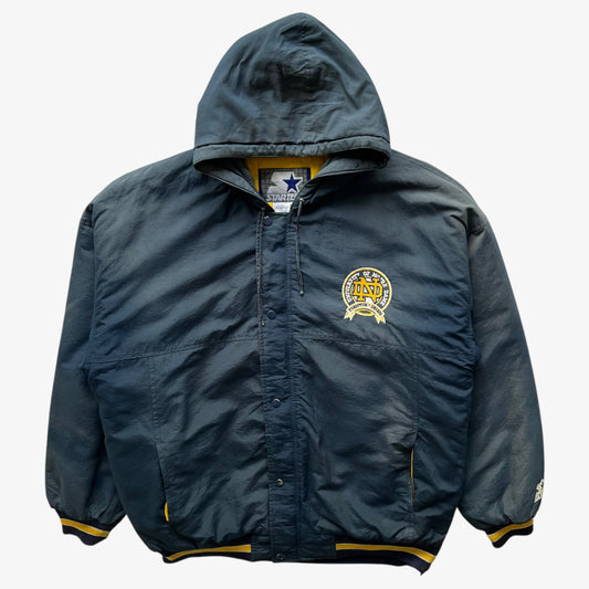 Vintage 90s Mens Starter University Of Notre Dame Faded Navy Hooded Jacket With Back Spell Out - Casspios Dream