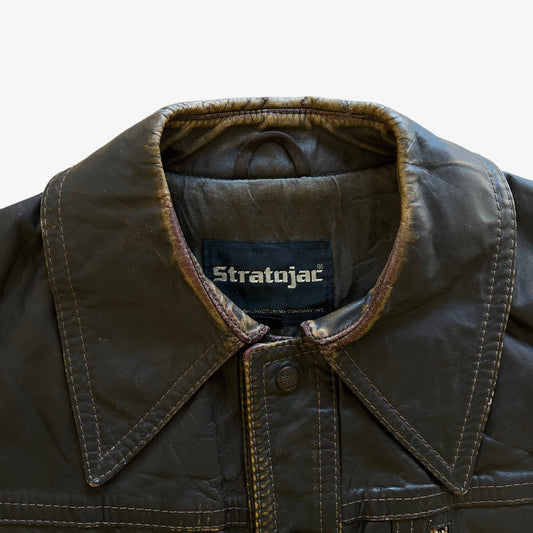 Vintage 90s Mens Stratojac Dark Brown Leather Utility Jacket Label - Casspios Dream