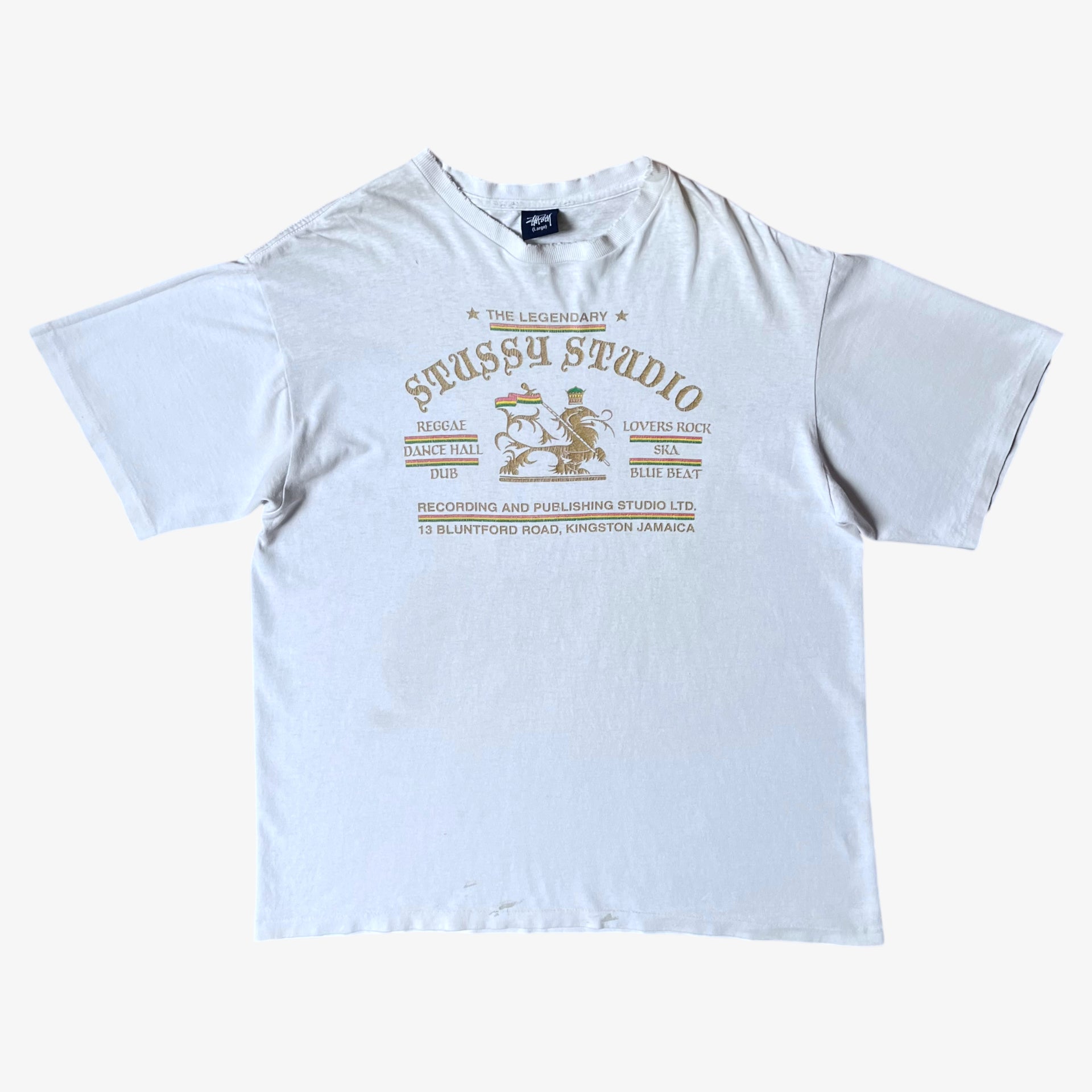 Vintage 90s men's Stussy studio Jamaica reggae dance hall print white single stitch thrashed t-shirt.