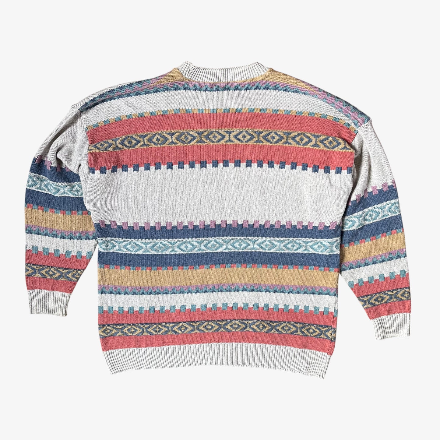 Back of sweater shop jumper with a colourful pattern on a white background