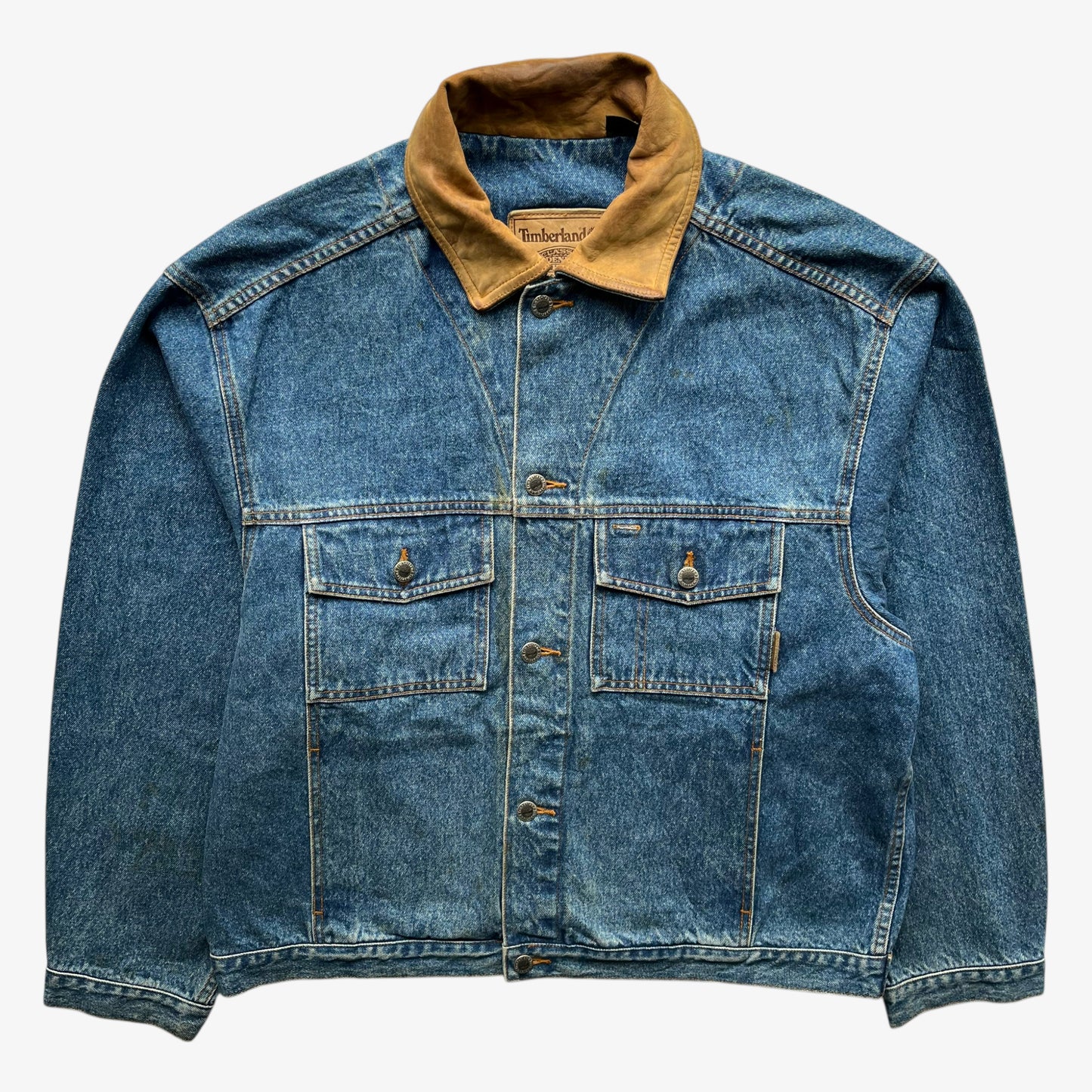 Men's vintage 90s Timberland blue denim jacket with leather collar and Looney Tunes Marvin Martian print.