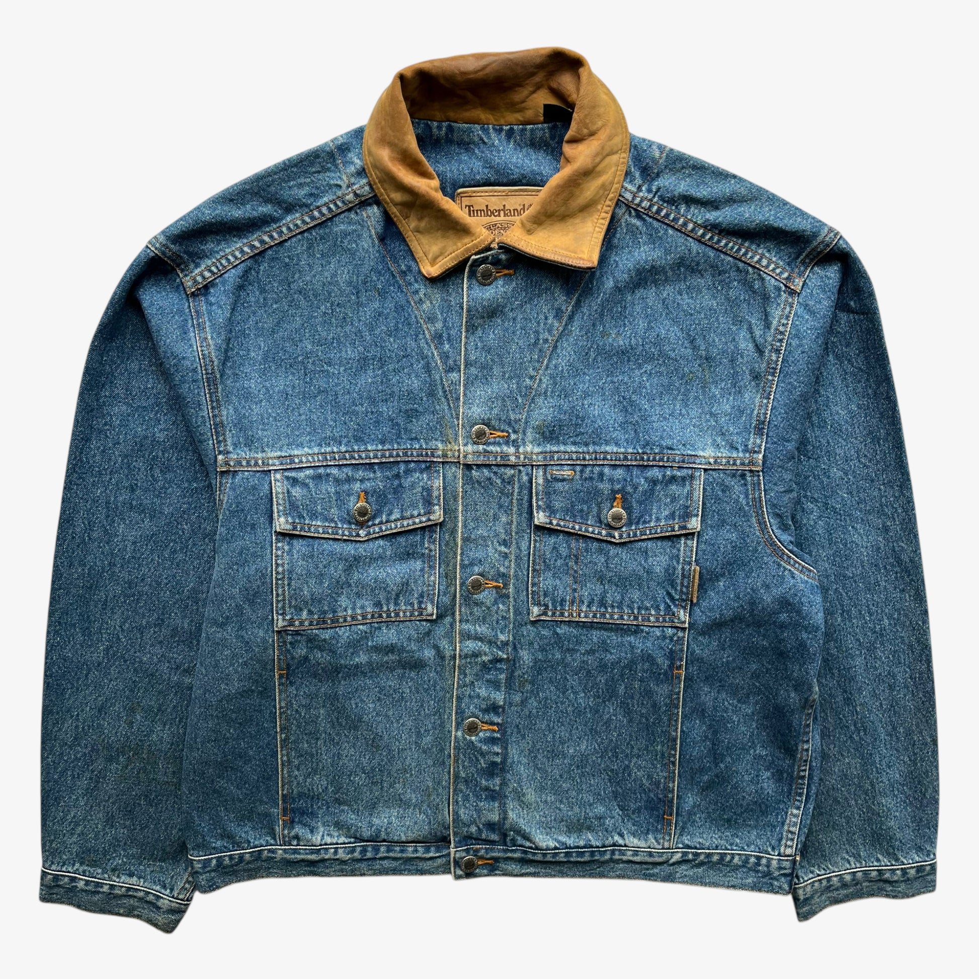 Men's vintage 90s Timberland blue denim jacket with leather collar and Looney Tunes Marvin Martian print.