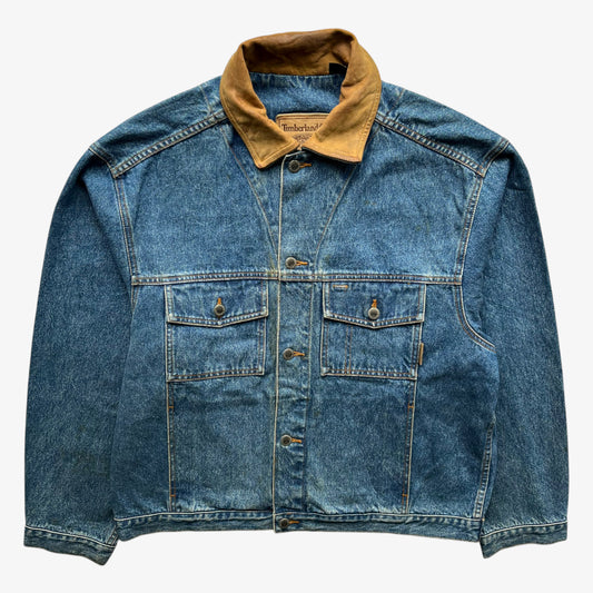 Men's vintage 90s Timberland blue denim jacket with leather collar and Looney Tunes Marvin Martian print.