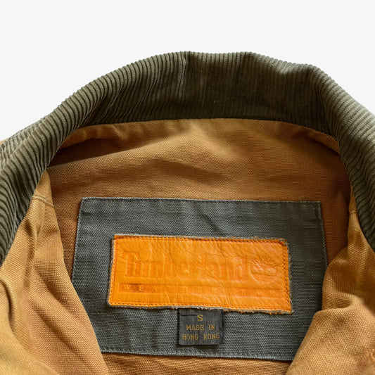 Vintage 90s Mens Timberland Brown Workwear Jacket With Khaki Corduroy Collar Label - Casspios Dream
