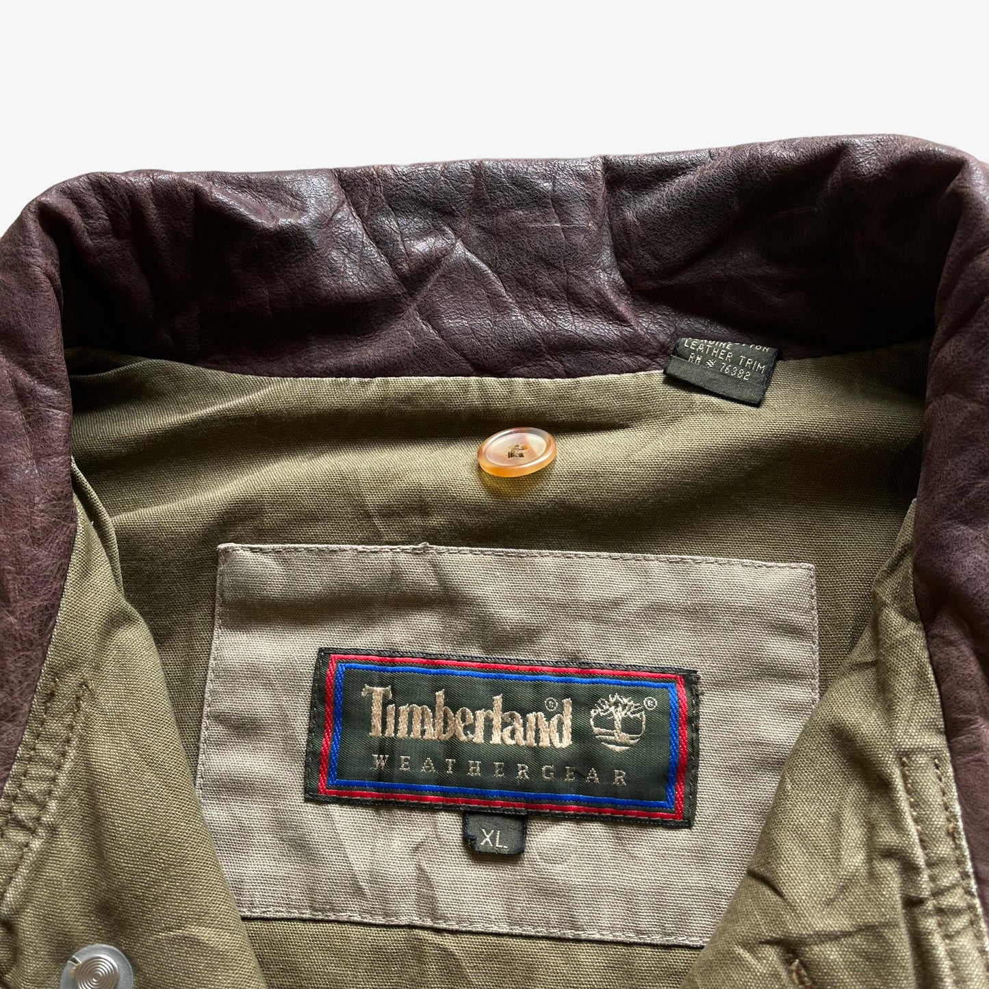 Vintage 90s Mens Timberland Khaki Workwear Jacket With Leather Collar Label - Casspios Dream