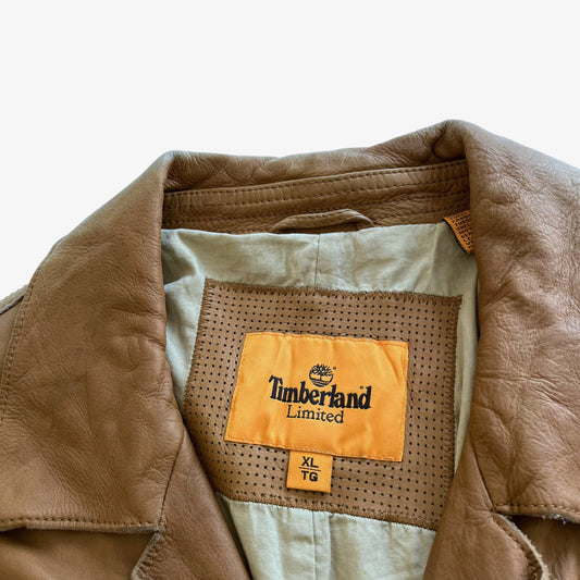 Vintage 90s Mens Timberland Limited Collection Brown Leather Utility Jacket With Original Belt Label - Casspios Dream