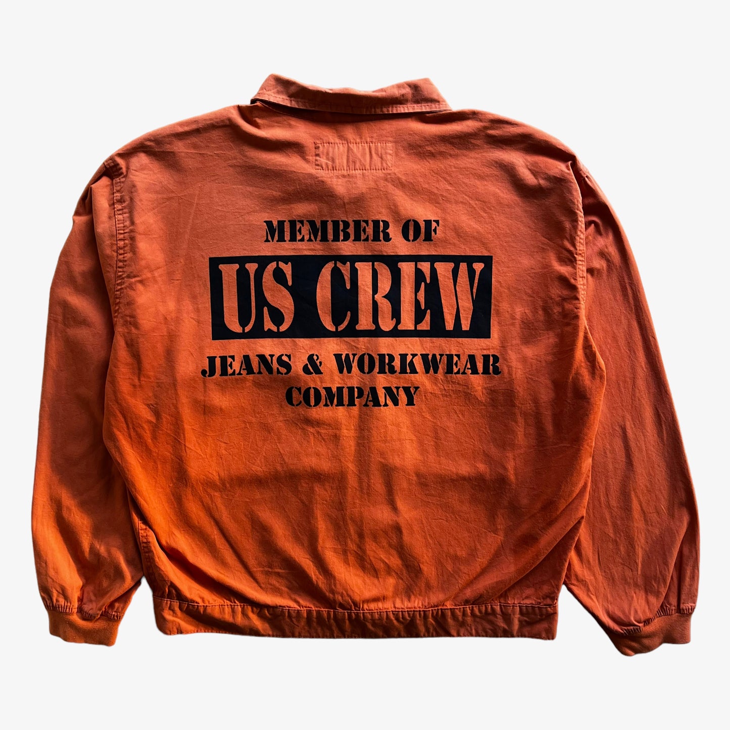 Vintage 90s Mens Uncle Sam Member Of The USA Crew Orange Workwear Jacket Back - Casspios Dream