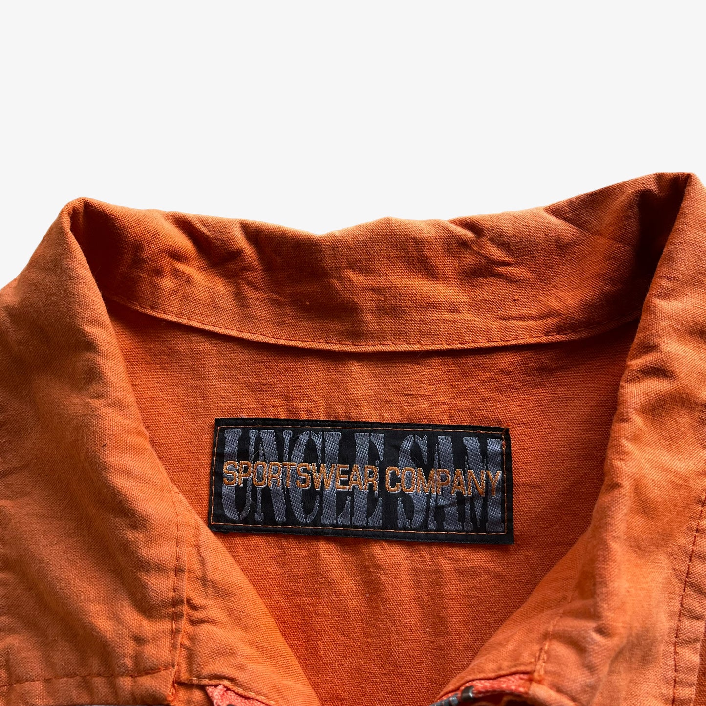Vintage 90s Mens Uncle Sam Member Of The USA Crew Orange Workwear Jacket Label - Casspios Dream