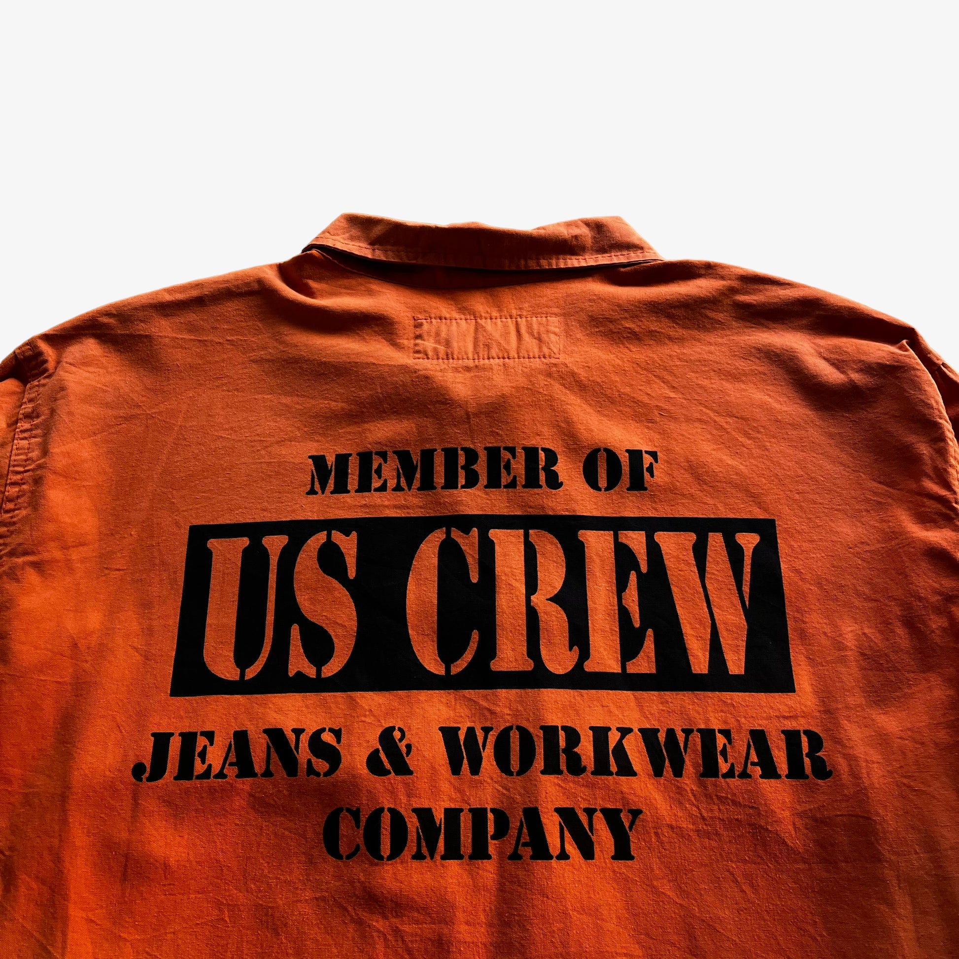 Vintage 90s Mens Uncle Sam Member Of The USA Crew Orange Workwear Jacket Spell Out - Casspios Dream