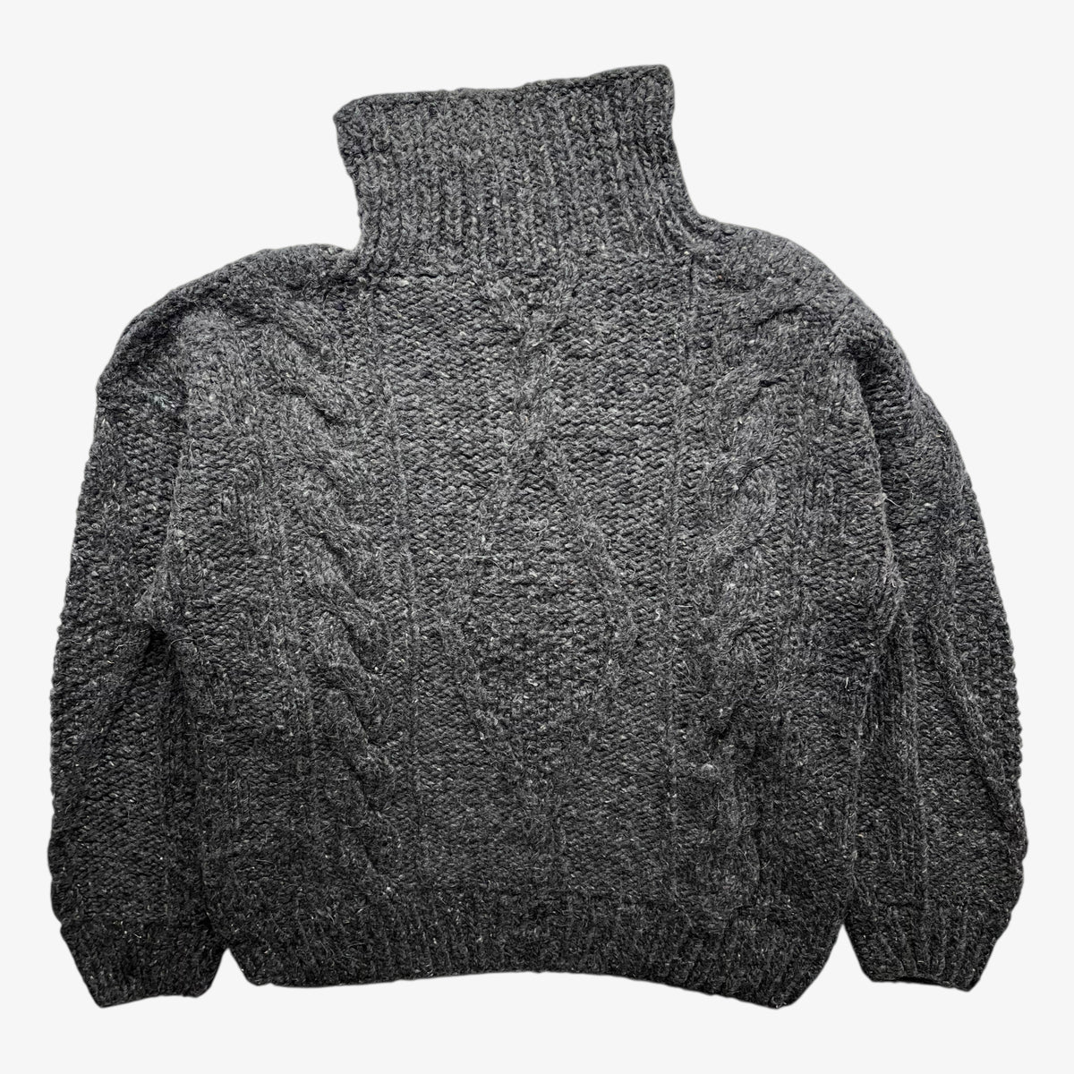 Back of vintage 90s men's Venicia Imports grey wool cable knit turtleneck jumper.