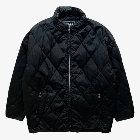 Vintage 90s Mens Versace Classic V2 Black Quilted Puffer Jacket With Foldable Hood - Casspios Dream