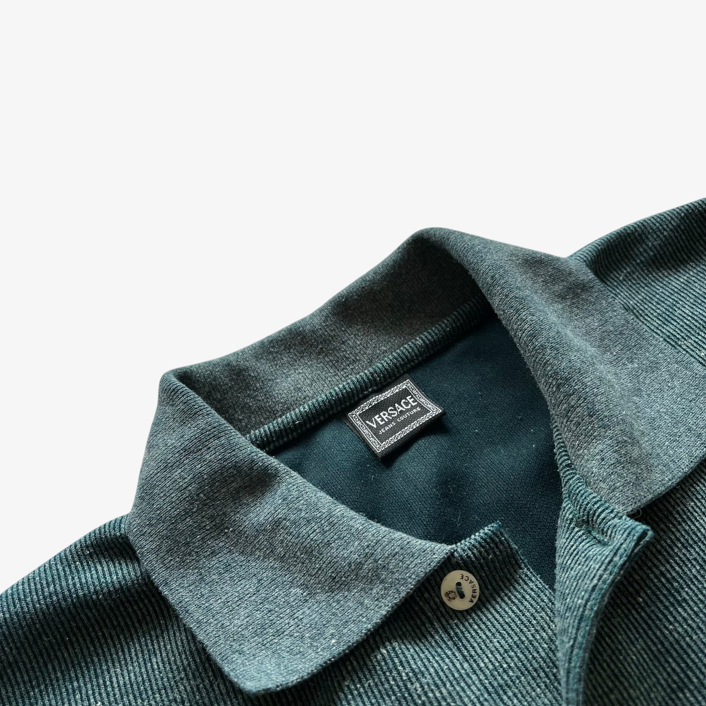 Vintage 90s Mens Versace Jeans Couture Green Ribbed Polo Shirt Button - Casspios Dream