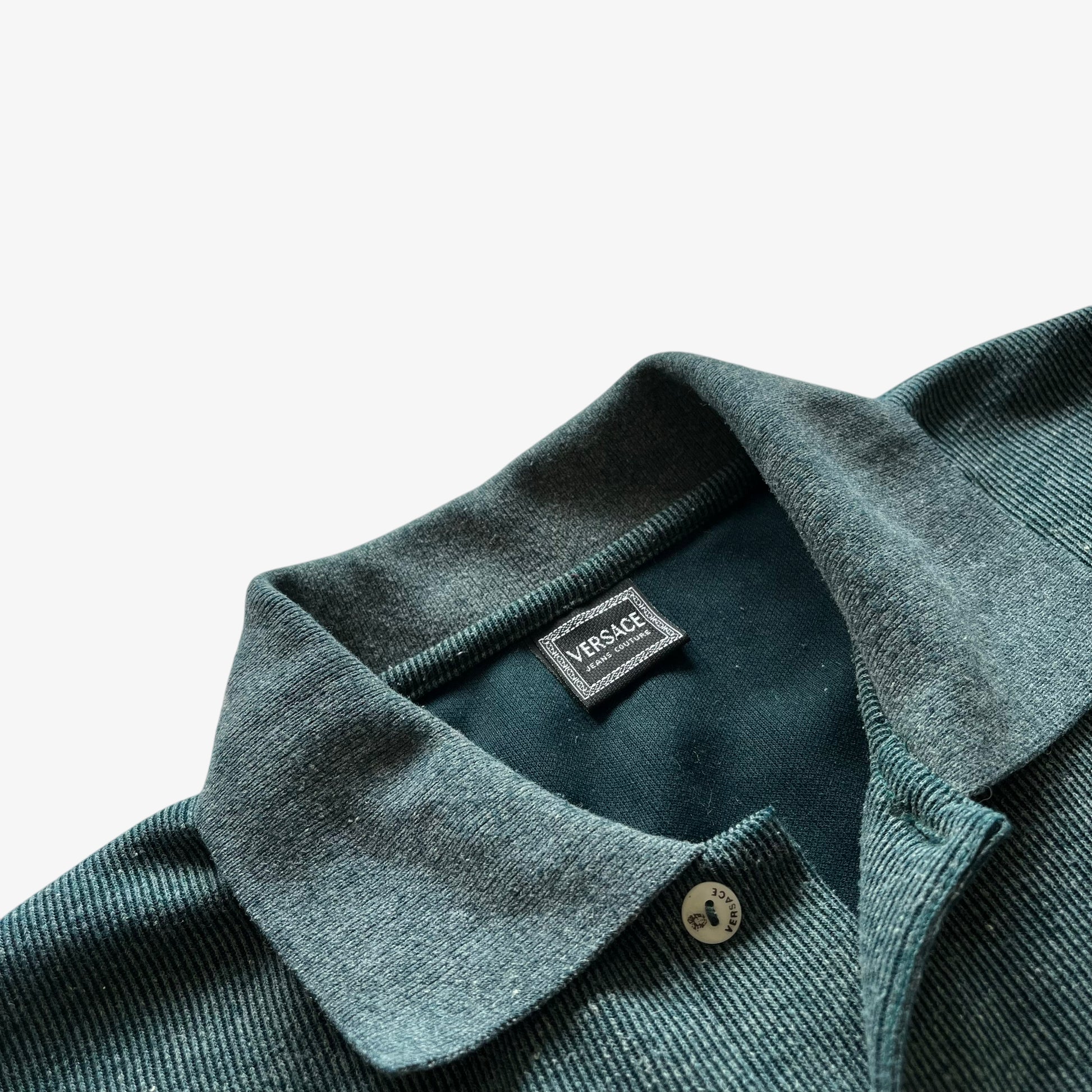 Vintage 90s Mens Versace Jeans Couture Green Ribbed Polo Shirt Button - Casspios Dream