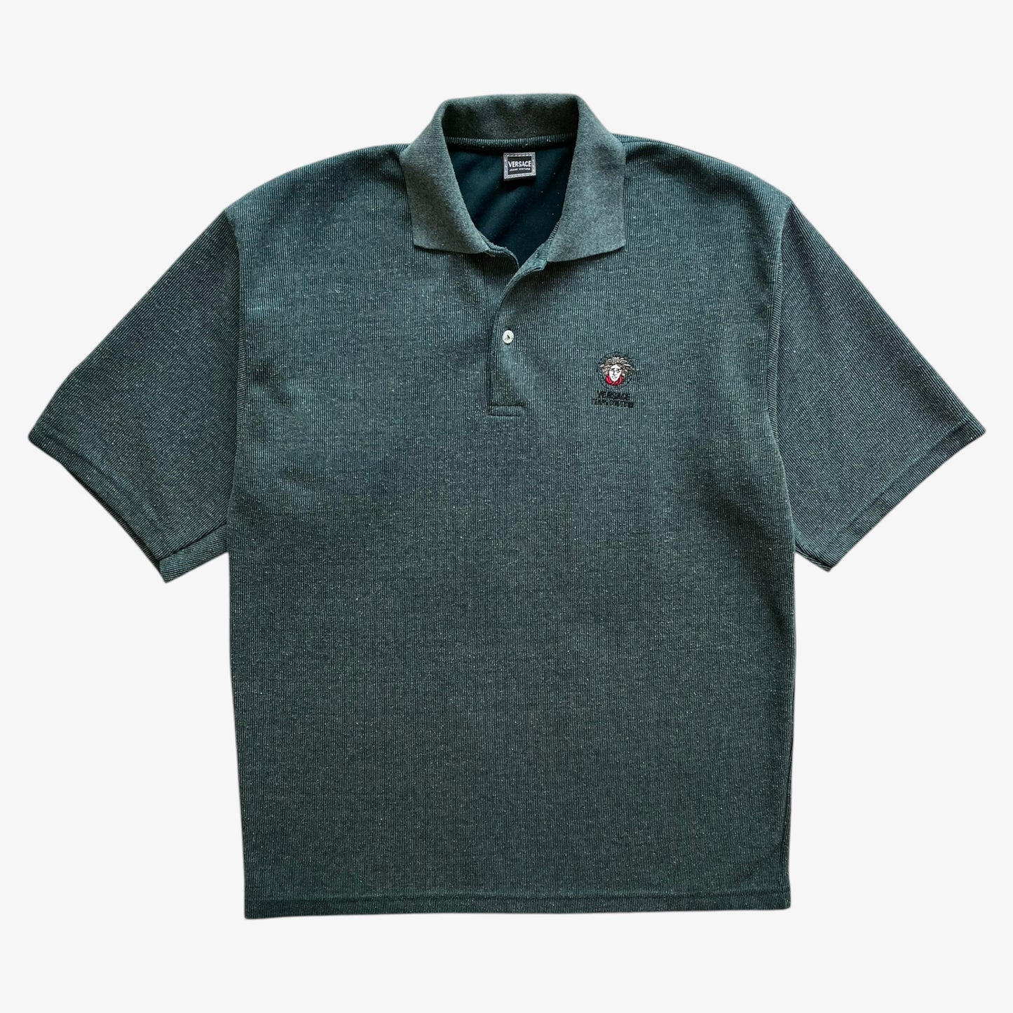 Vintage 90s Mens Versace Jeans Couture Green Ribbed Polo Shirt - Casspios Dream