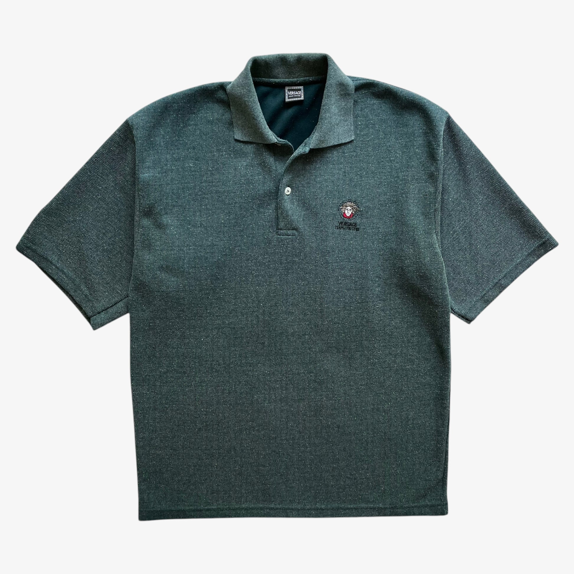 Vintage 90s Mens Versace Jeans Couture Green Ribbed Polo Shirt - Casspios Dream