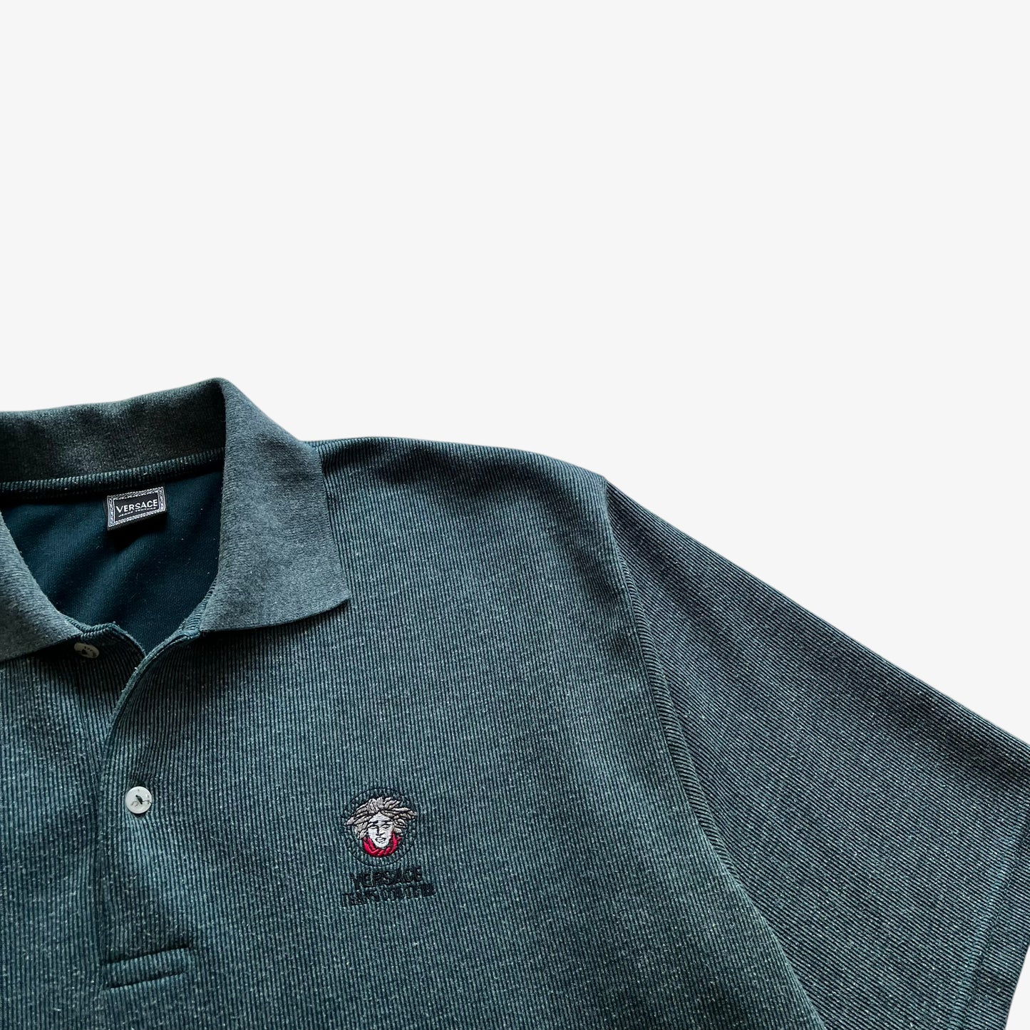 Vintage 90s Mens Versace Jeans Couture Green Ribbed Polo Shirt Medusa Head - Casspios Dream